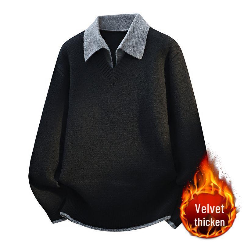 Men's Trendy Faux Two-Piece Lapel Sweater - Autumn/Winter Thickened Velvet Casual Knit Base Layer