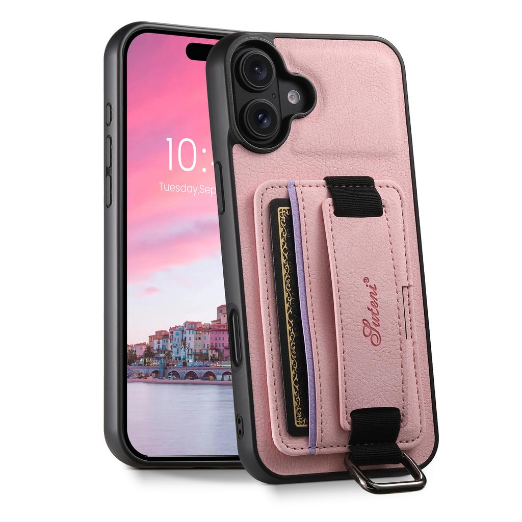 SUTENI H13 For iPhone 16 Case Litchi Texture Leather+TPU+PC Cover with Card Holder Kickstand