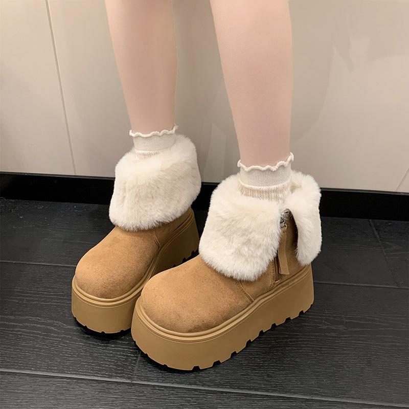 Yueyu European leather lamb wool lapel two wear fluffy snow cotton boots thick-soled muffin small man super high heel short boots