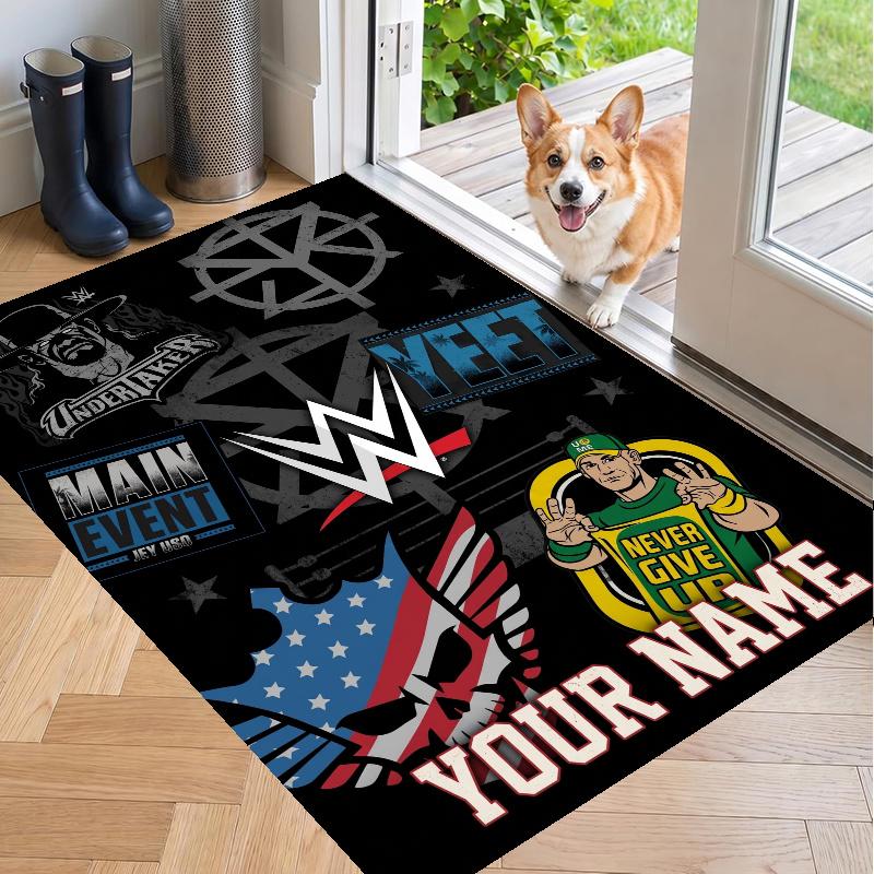 Custom Name WWE LOGO Crystal Velvet Floor Rug Personalized Text Soft Carpet Home Decor