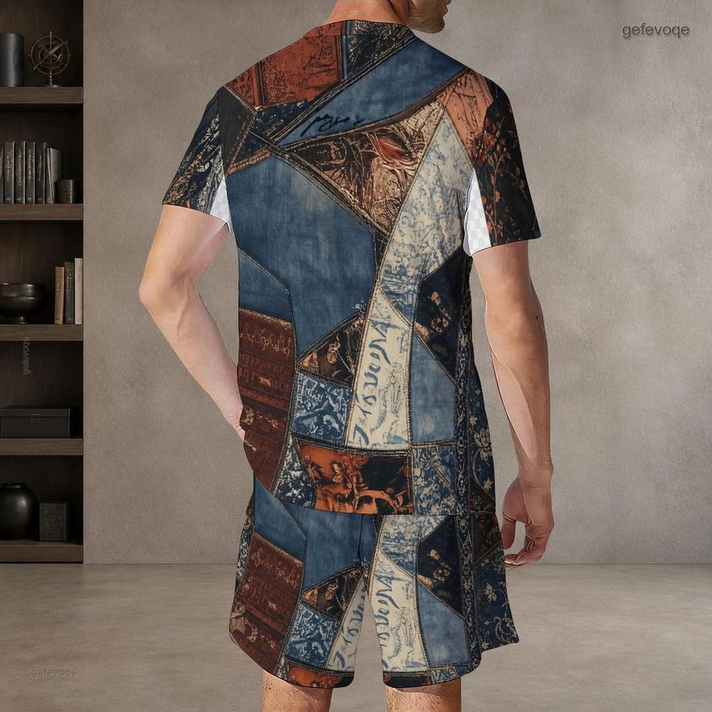 Men Plus Size Blue White Printed Round Neck Short Sleeve Top And Shorts With Pockets Two Piece Set