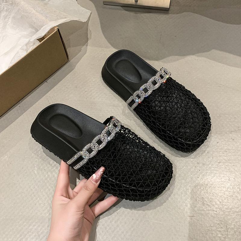 Design Sense Niche Baotou Sandals Women's 2025 New Summer Mesh Hollow Fashionable Rhinestone One Pedal Cool Slippers