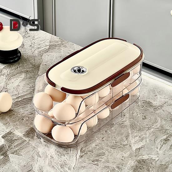 Automatic Rolling Egg Container Fridge Storage Box Food Grade BPA Free Transparent Stackable Fridge Organizer with Lid