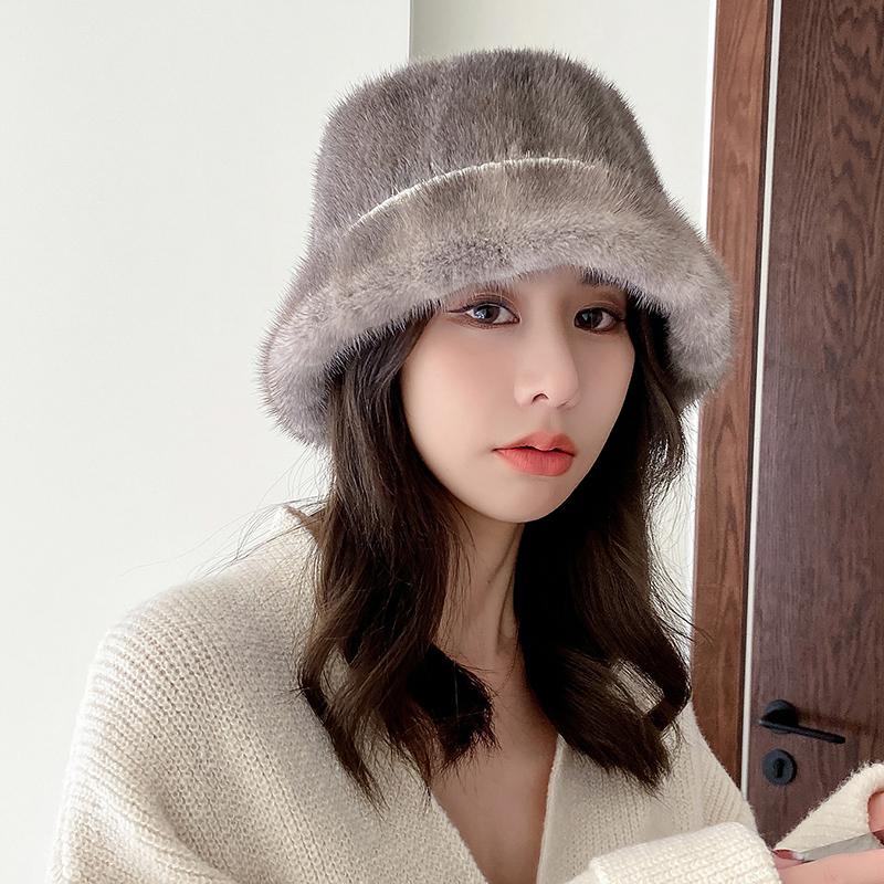 Hat Women Winter Fashion Fur Bucket Hat Mink Fur Whole Skin Fisherman's Hat Warm Hat