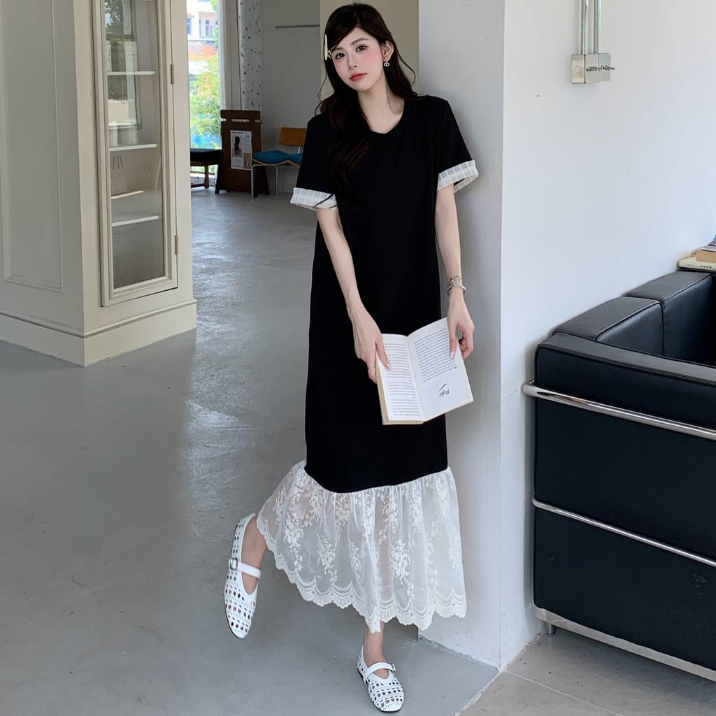 DIMANAF 2025 Plus Size Dress Women Summer Vintage Dress Basic Long Loose Casual Spliced Dress Elegant