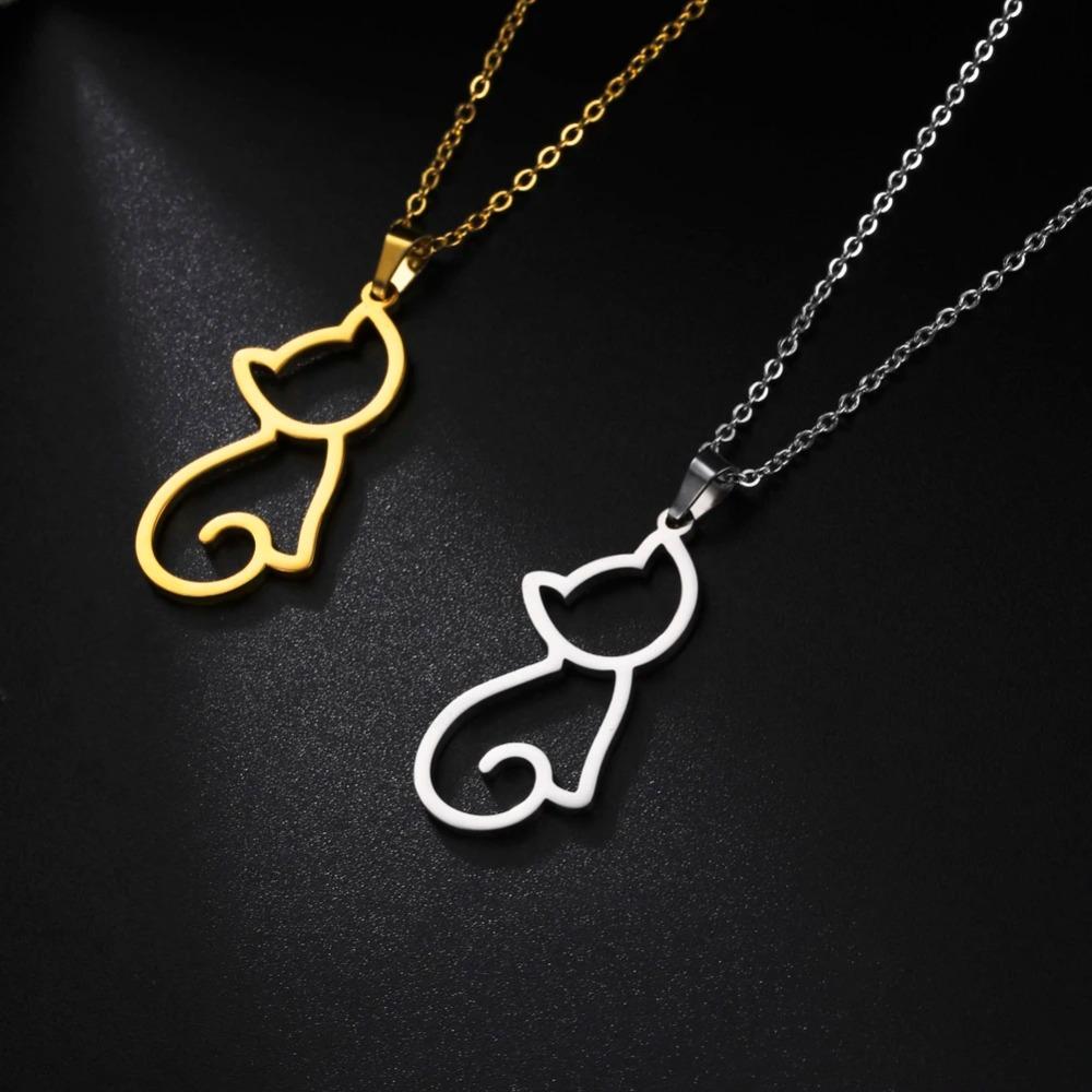 Skyrim Cute Kitten Cat Pendant Necklace Stainless Steel Cold Color Animal Neck Chain Fashion Jewelry Gift for Women Girls Friend