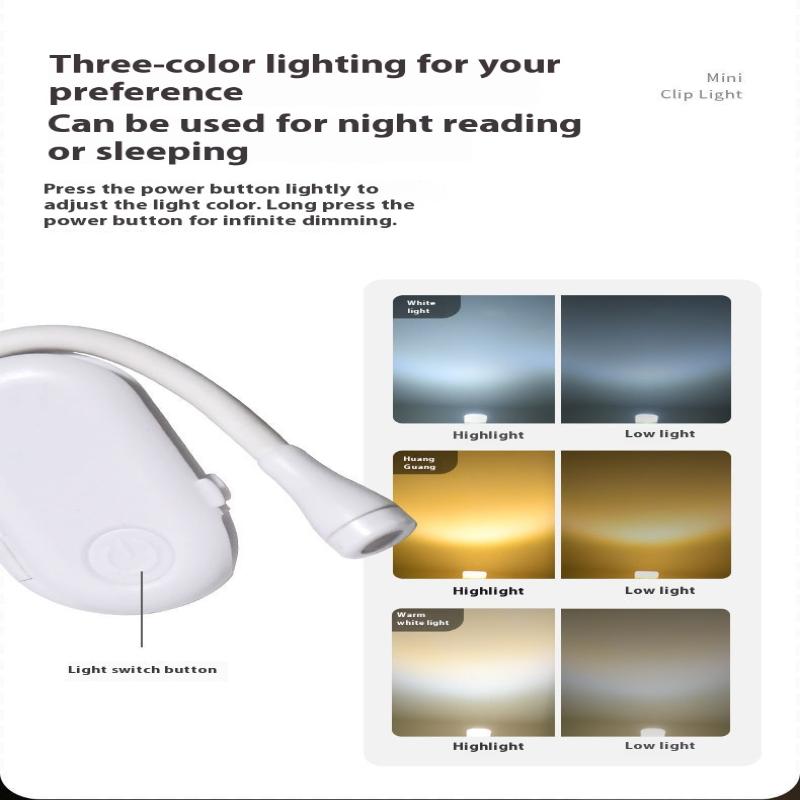 Mini Lampka Książkowa LED Ochrona Oczu Regulowany Klips 360Fahrenheitlip Lampka do Nauki Akumulatorowa 3 Kolory Do Podróży Sypialni Czytania