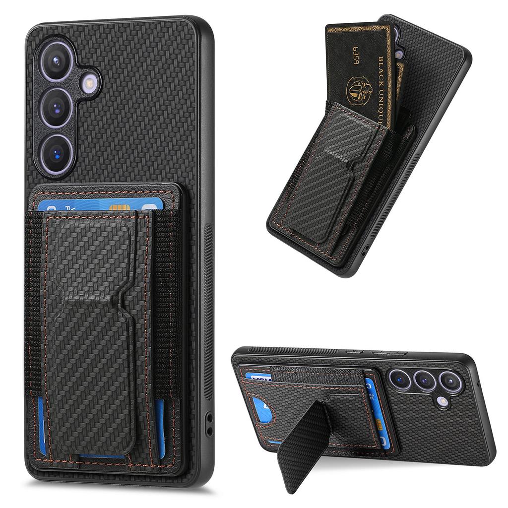 For Samsung Galaxy S25+ Case with Card Holder Kickstand Fiber Pattern Leather Back Cover