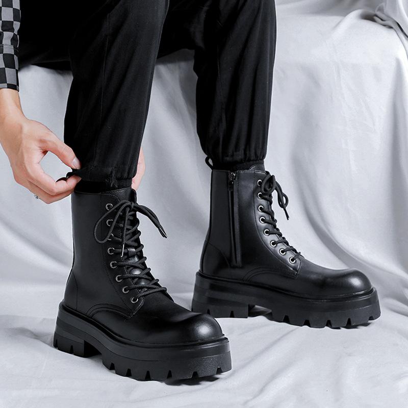 Men Luxury Fashion Platform Boots Lace-up Genuine Leather Shoes Spring Autumn Boot Stage Nightclub Stylish High Motorcycle Botas