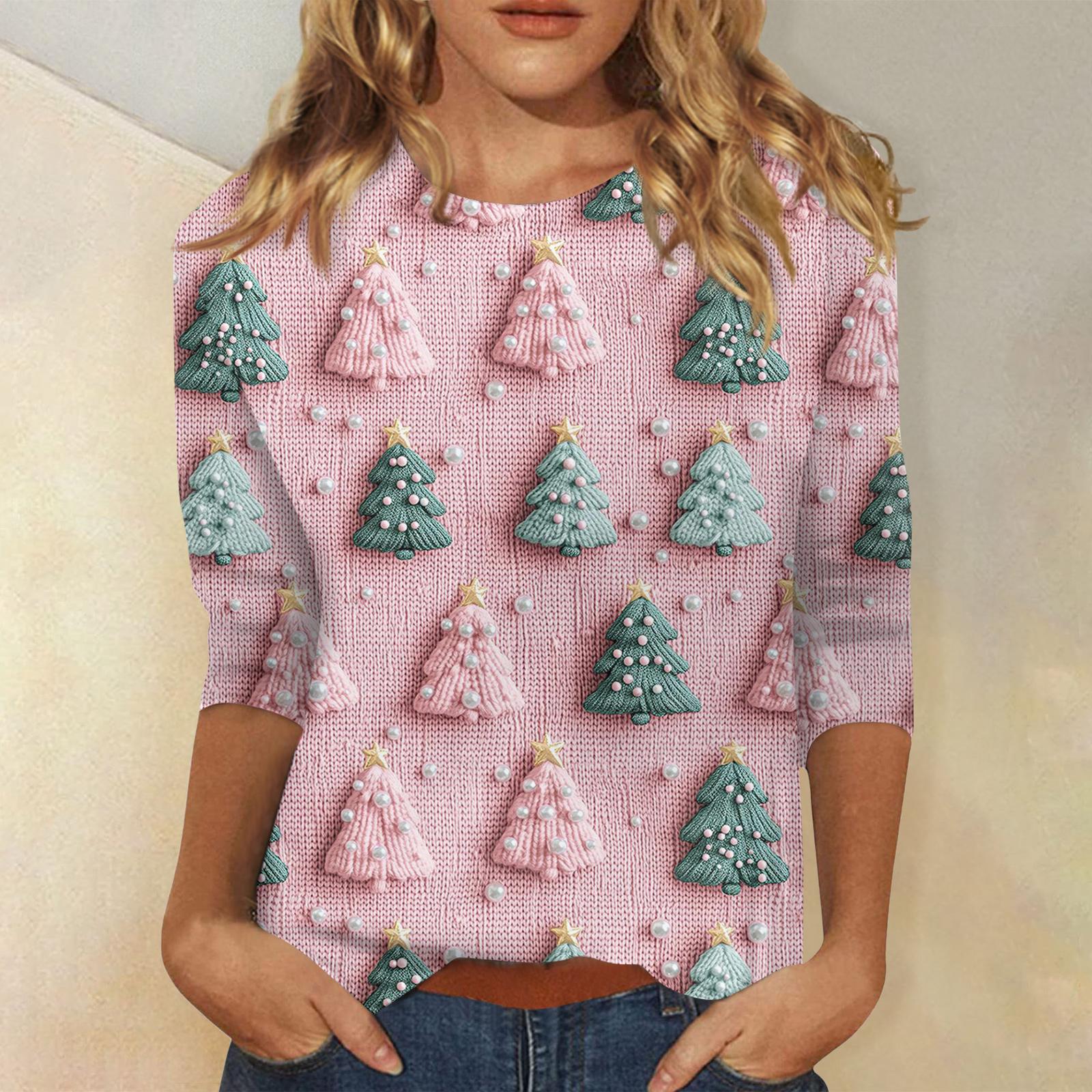 

Женская модная повседневная футболка с рукавом три четверти и рождественским принтом, с круглым вырезом XXXXXL розовый