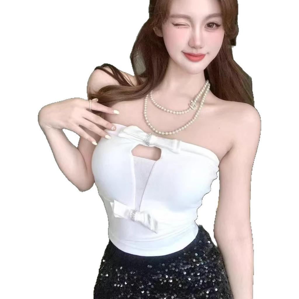 Spice Girl Pure Desire Diamond Buckle Bow Vest Women Wear Sexy Spring and Summer Outer Wear with Chest Pad Tube Top Short Inner Top
