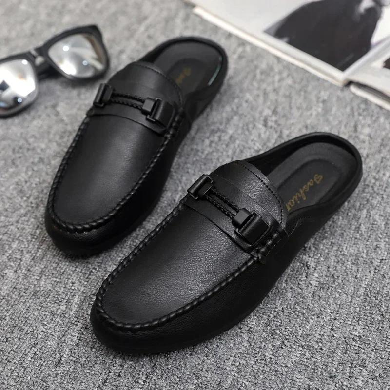 Fashion Leather Men Half Slippers Summer Breathable Mens Casual Shoes Slip-on Lazy Driving Shoes Comfortable Walking Loafers Moccasins
