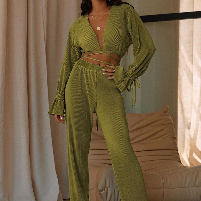 

V-neck Casual Sexy Suit Solid Color Women s V-neck Fashion Casual Sexy Suit Women s Clothing Green S