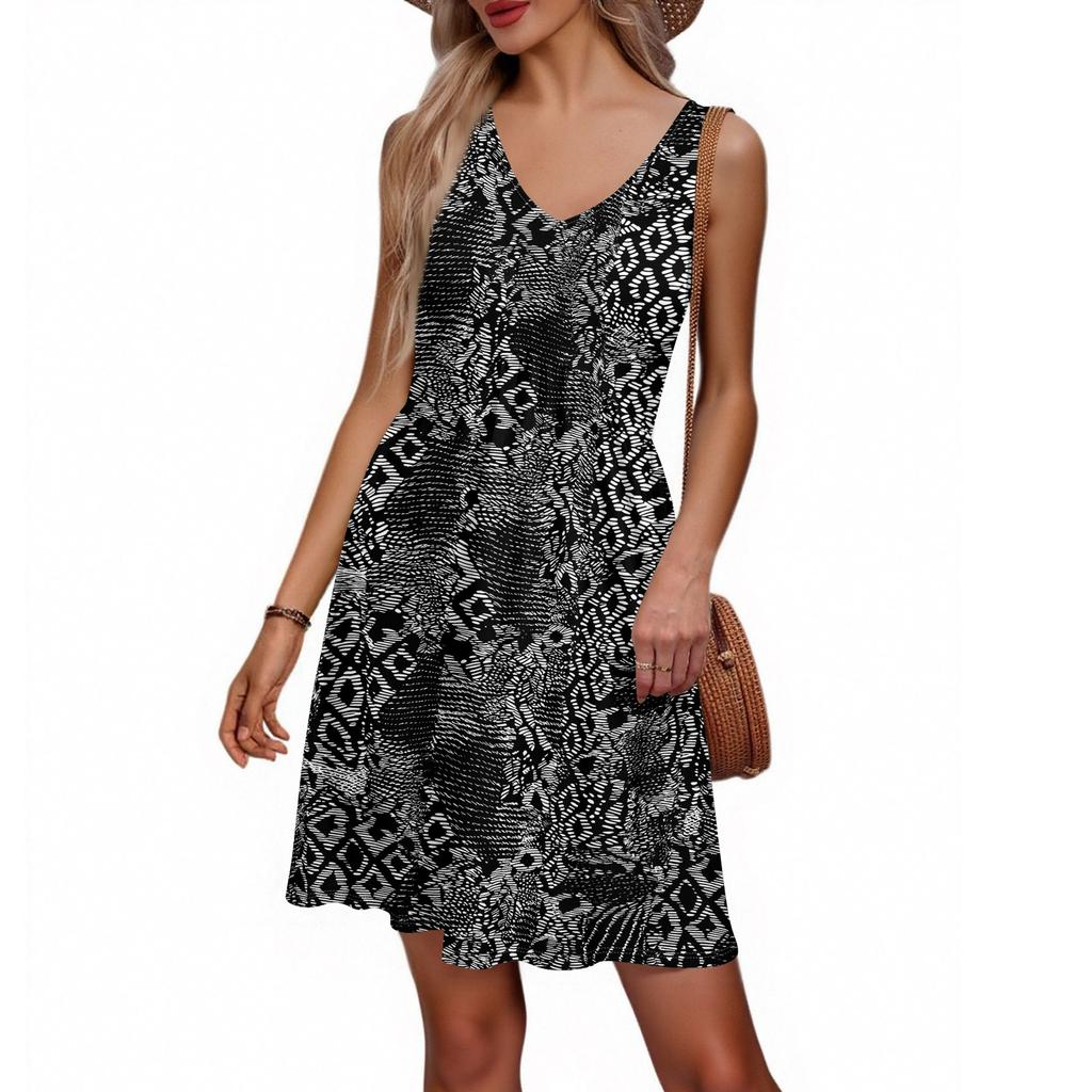 Damen Sommer V-Ausschnitt Lässig Strandurlaub Retro Blumendruck Ärmellos Patchwork Kleid