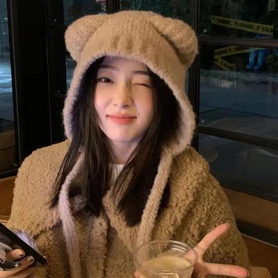 Cute Bear Ears Plush Hat Women's Winter Warm Ear Protection Hat Lace-up Knitted Woolen Hat