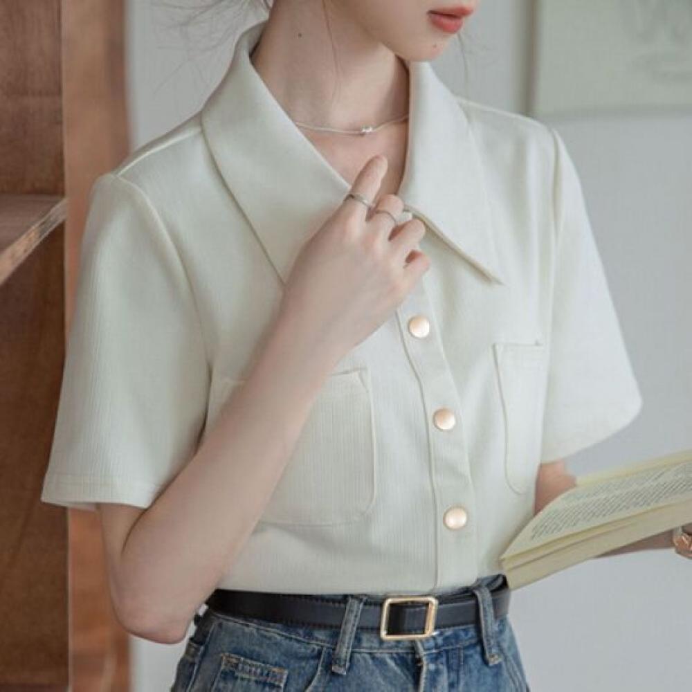 Navava Women Retro Ribbed Pocket Short Sleeve Shirt Nb2696