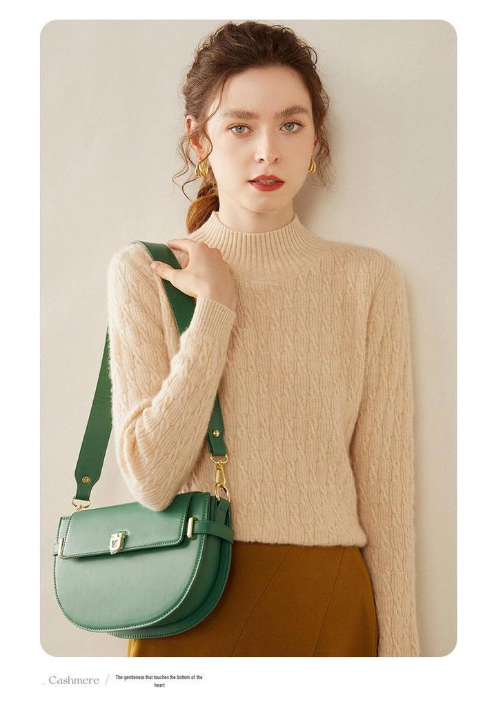 Women's Cashmere Cable Knit Sweater - Half-High Collar, Loose Fit, Autumn/Winter.