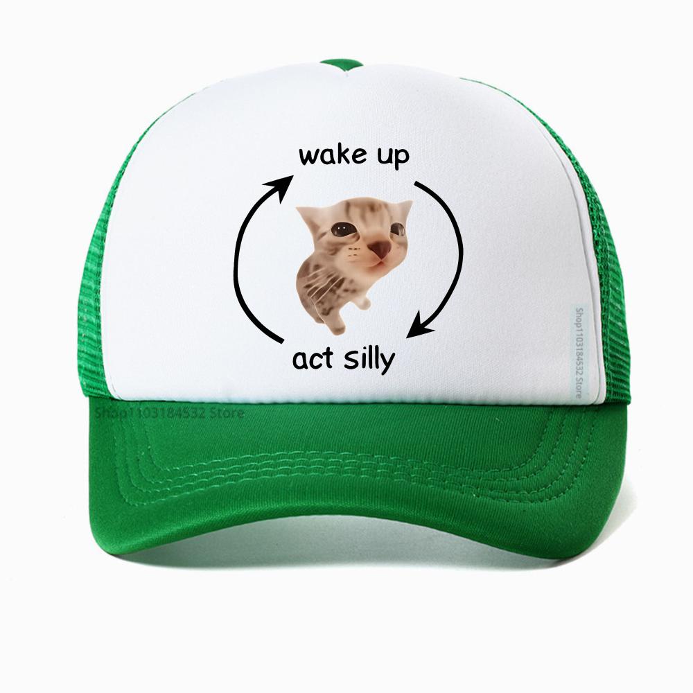 Funny Wake Up Act Silly Cat Print Graphic Baseball Cap Hip Hop Summer Mesh Breathable Trucker Hat Casual Fashion