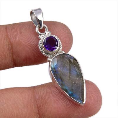 Natural Labradorite,Amethyst Gemstone 925 Solid Silver Gift Pendant 1.75" E1h99
