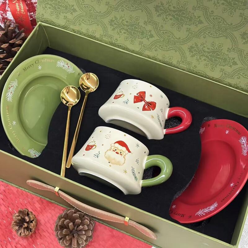 WQ Cartoon Ceramic Christmas Coffee Mugs Set Couple Mugs with Saucers & Spoons
