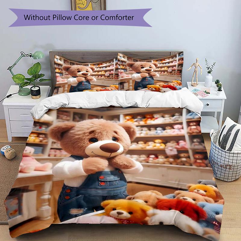 3pcs Teddy Bear Bedding Set - Includes One Quilt Cover and Two Pillowcases (No Core) - Anime Cartoon Design, Polyester Fabric, Suitable for