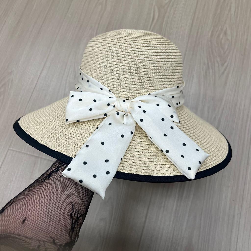 New polka dot bow big brim straw hat women's summer vacation temperament elegant bucket hat sun hat breathable sun hat