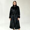 Women's extended black imitation fur coat stand-up collar belt buckle waist extra long winter coat