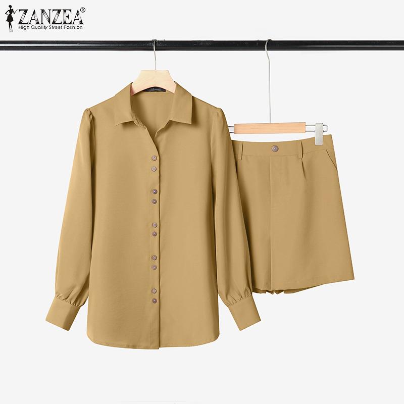 ZANZEA Women Long Sleeve Blouse and Shorts Casual Two Piece Suit Sets