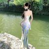 Young retro improved cheongsam new Chinese women's clothing classical green vine temperament printed beautiful tube top dress