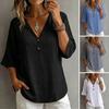 Women Tops Loose Fit V Neck 3/4 Sleeves Pullover Tops Button Decor Pure Color Summer Casual T-shirt Daily Wear