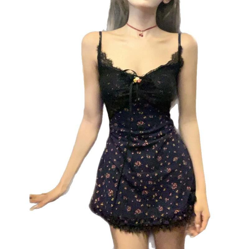 Korean Gentle Wind Super Good-looking Floral Suspender Dress Royal Sister Unique Temperament Beautiful Lace Splicing Hip Skirt