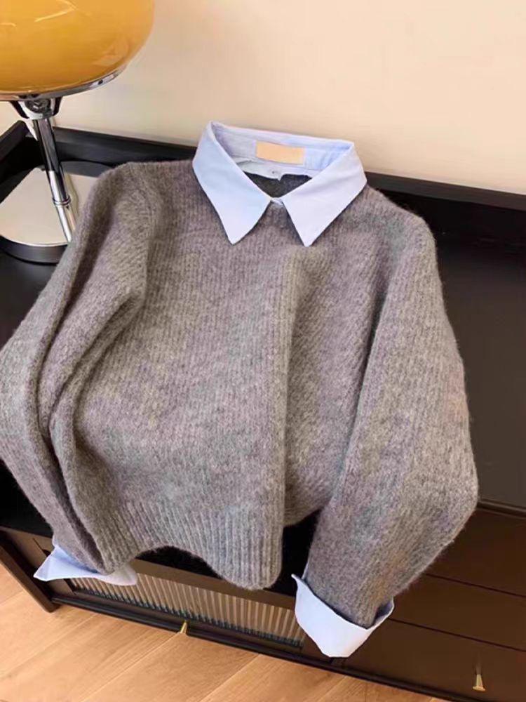 

Женский трикотажный свитер с длинным рукавом на осень/зиму 2025 года с воротником-рубашкой - Пуловер с эффектом двойки S