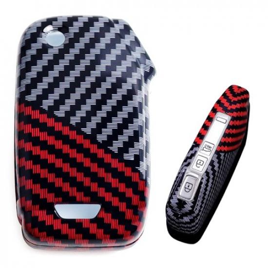 Black/Red "Carbon" Pattern Hard Key Case Shell For Kia Side Button Smart Key Fob