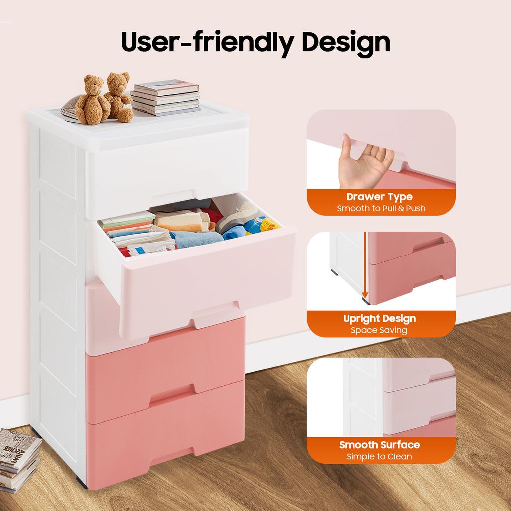 5-Drawer Storage Cabinet, 17.1x11.4x31.5in Plastic Organizer Dresser with Wheels, Modern PP Bookshelf for Bedroom, Closet, Offic