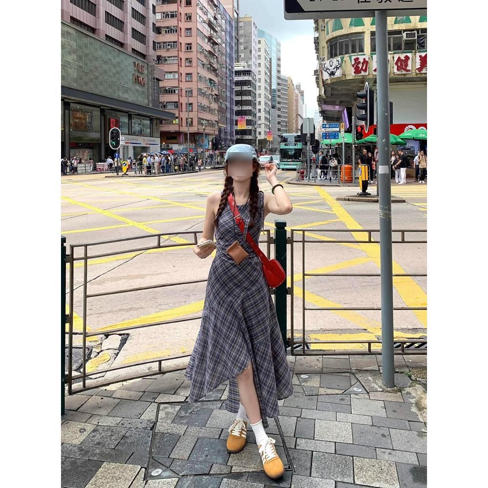 Plaid neck sleeveless vest dress children's summer new foreign style small man high sense irregular long dress