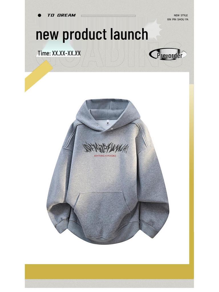 Men's Trendy American-Style Fleece-Lined Winter Hoodie – Thick, Warm, Printed, Loose Fit Jacket