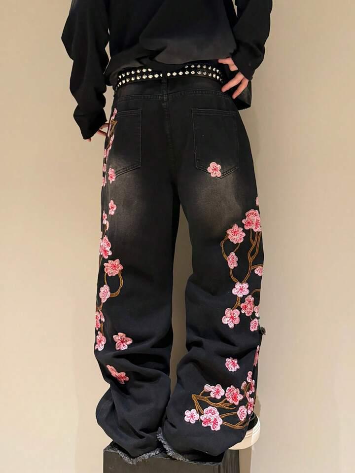Jeans Dritti Unisex Retro Ricamati con Fiori di Ciliegio Gotici