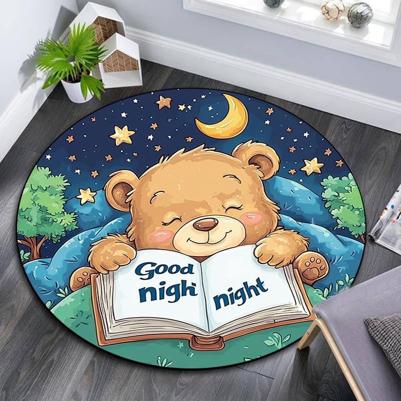 Teddy Bear Reading Book Round Area Rug,Carpet Rug for Living Room Bedroom Sofa Playroom Decor,Non-slip Floor Mat