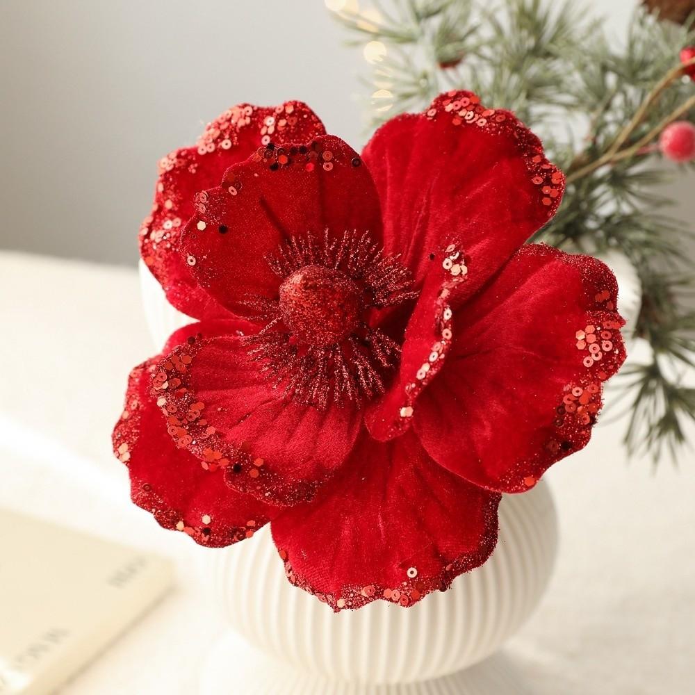 15cm Artificial Poinsettia Glitter Flower Sequin Flannel Fake Christmas Flowers Photography Props 3D Simulation Magnolia