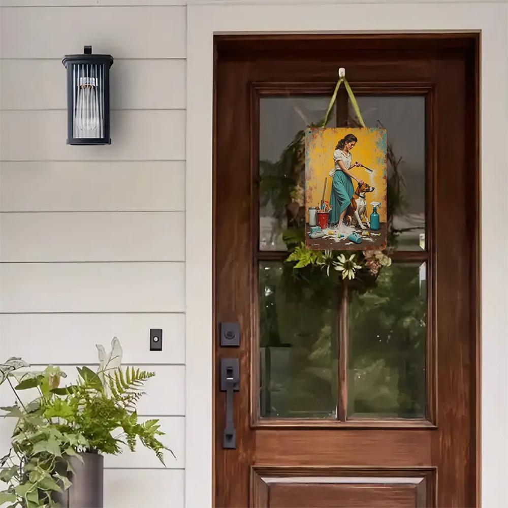 RetroBeautyDogMetalArt Retro Metal Wall Art 7.87x11.8" - "Beauty and Dog" Aluminum Panel, Woman Brushing Dog Decor for Home/Cafe