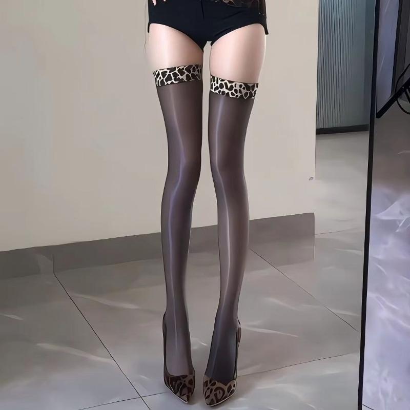 Sexy Babes Leopard Print Oily Socks Black Silk Oily Mid-tube Thigh Socks Sex Stockings Thin Women Over the Knee Aurora Women