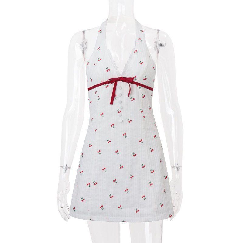

INS Western Style New Sweet and Spicy Deep V Breasted Backless Cherry Print Niche Design Waist Hugging Hanging Neck Dress Women White(In stock) S
