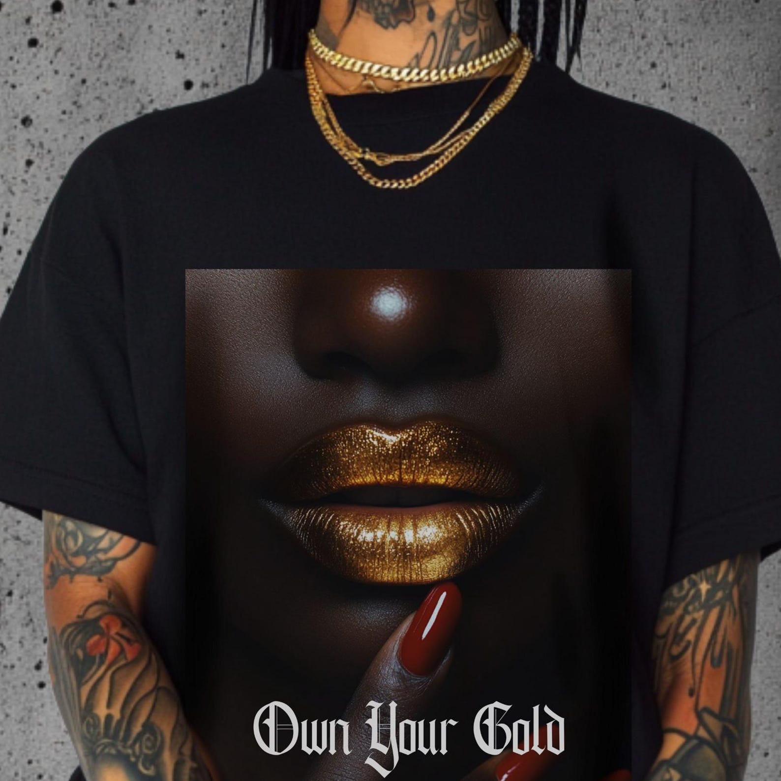 Afrocentric Black Woman Art T-Shirt: Golden Lips, Red Nails 4XL