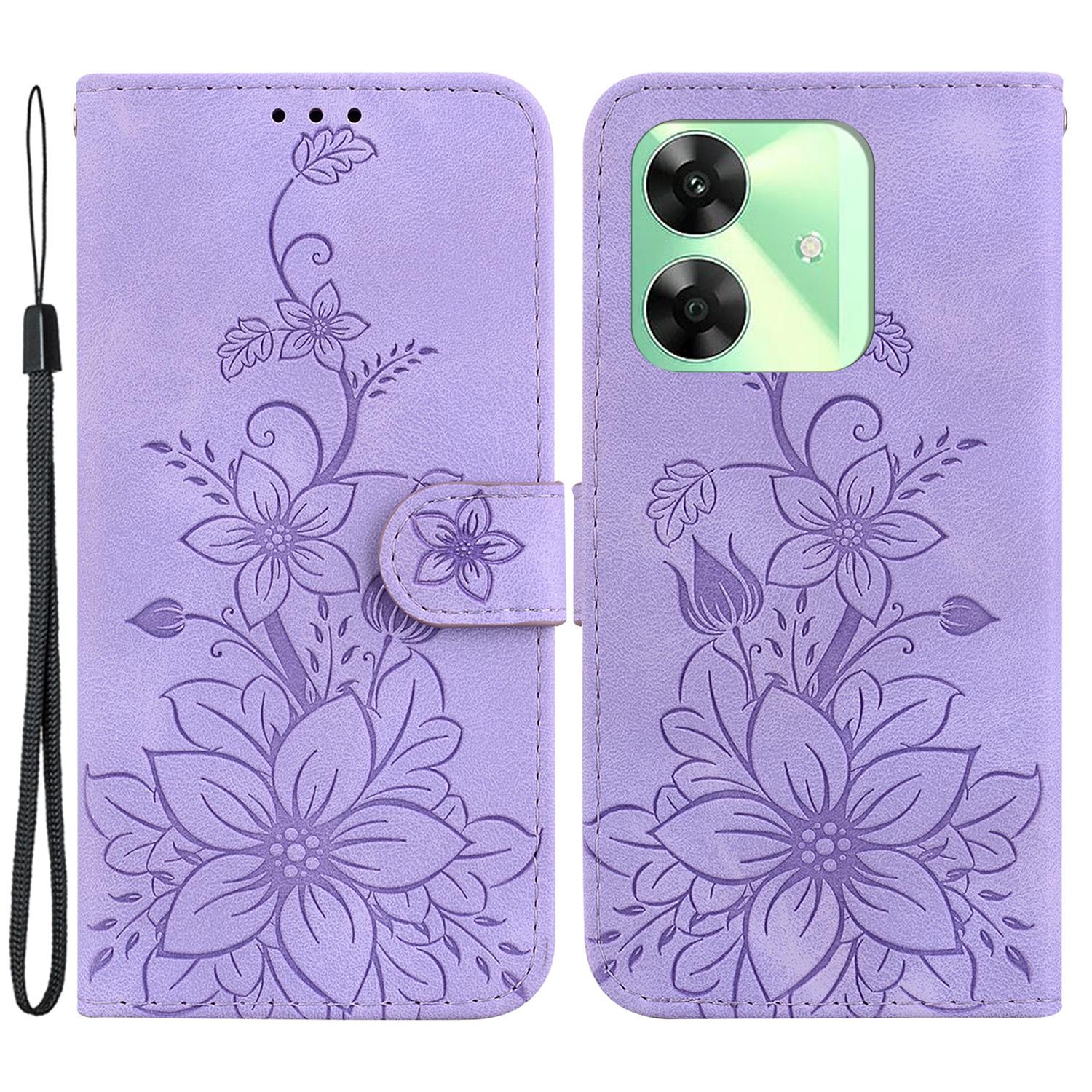 

For Realme Note 60x 4G/C63 4G/C61 4G/Narzo N63 4G Stand Case Lily Flower Imprint Leather Phone Cover Purple