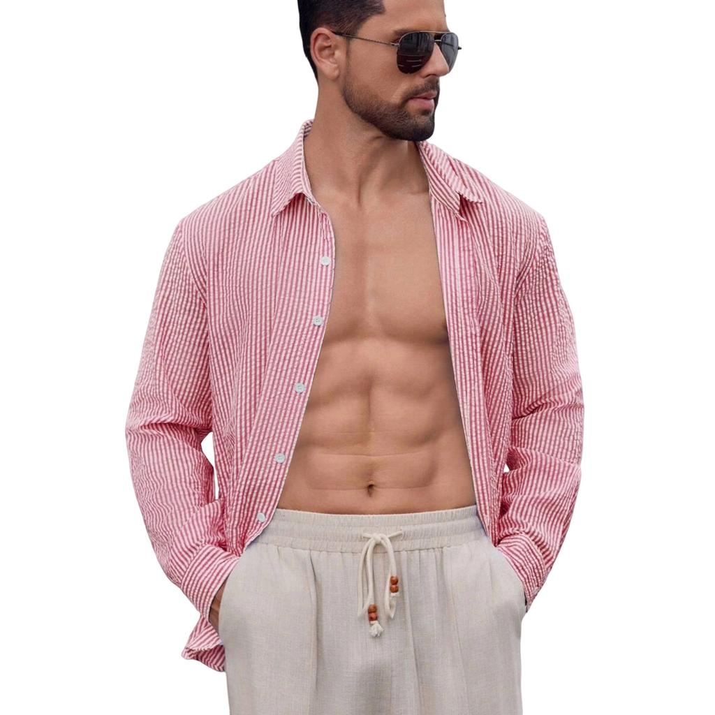 Men's Casual Long Sleeve Button Down Shirt, Lightweight Breathable Striped, for Vacation and Daily Wear