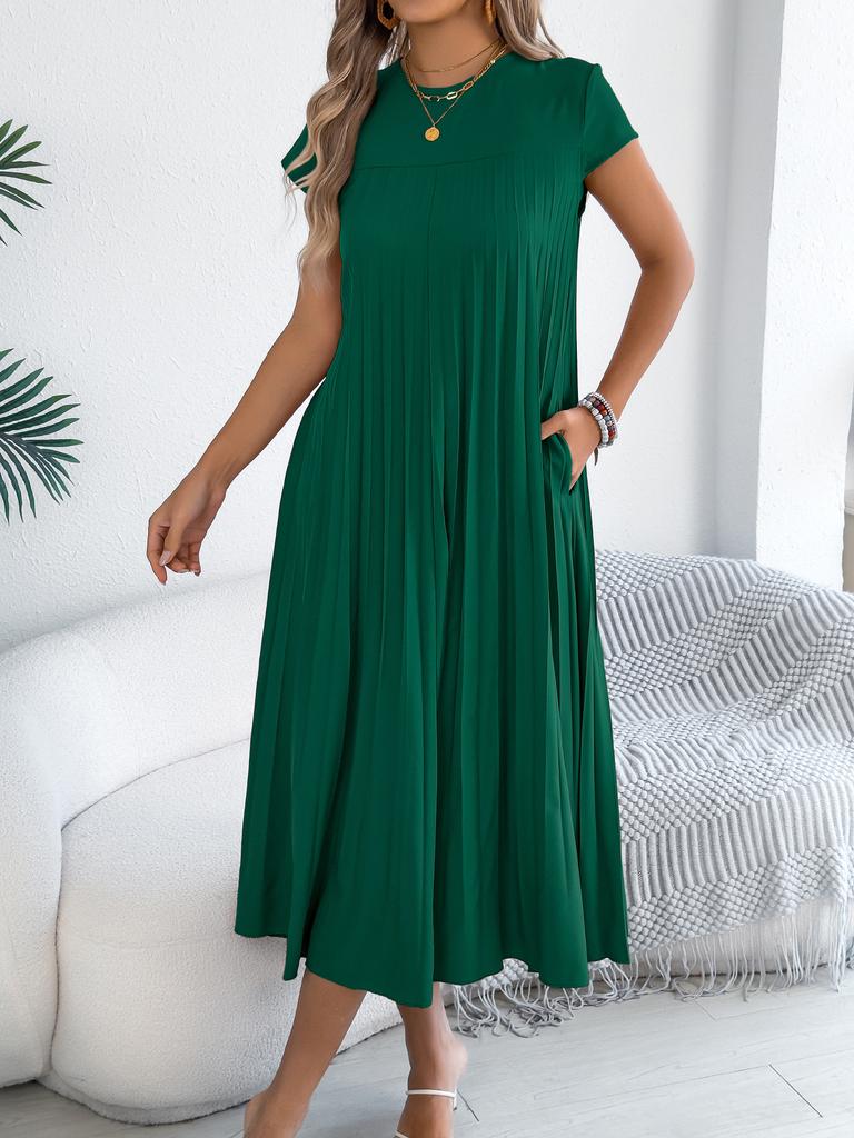 women's Round Neck Cap Sleeve Pleated Maxi Dress Loose Fit Pocket Casual Summer Long Dress