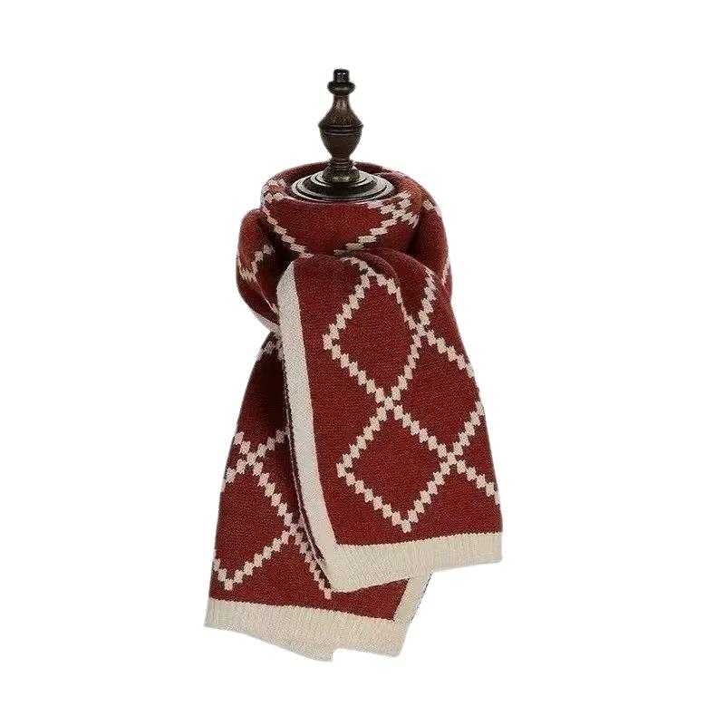 Winter retro double-sided wool scarf, thickened scarf, warm and versatile new rhombus plaid scarf for women