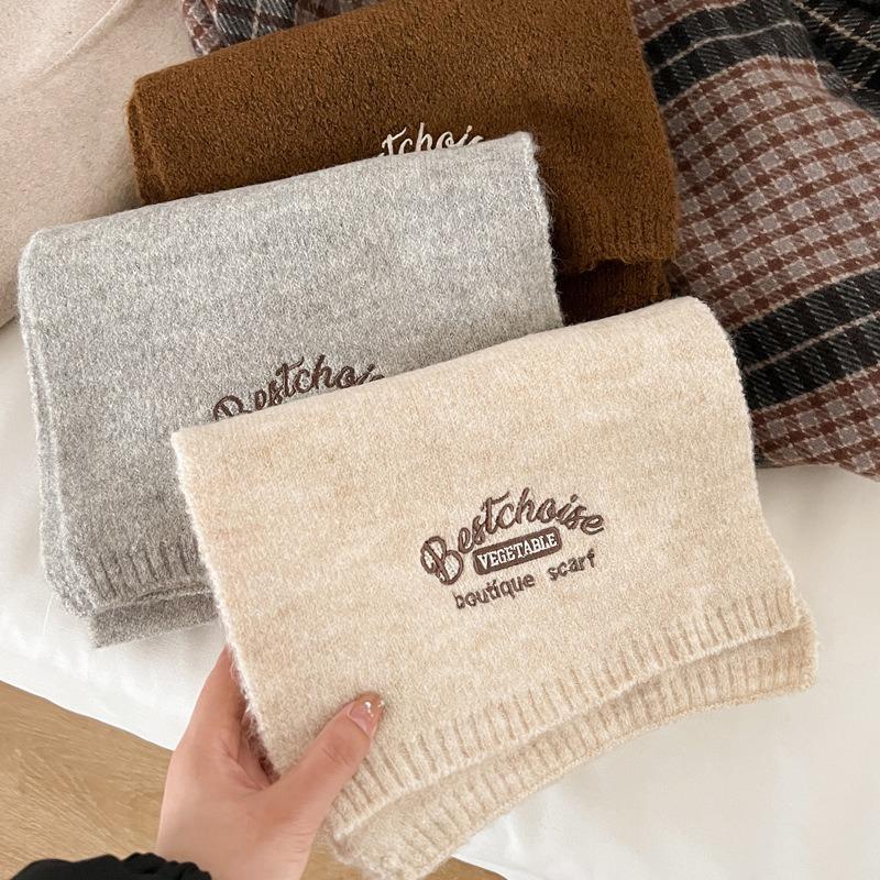 Solid color knitted scarf women's winter wool blended soft waxy scarf men's warm couple style students give gifts