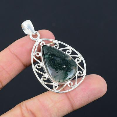 Mothers Day Deal Solar Moss Agate Stone Trendy Pendant Jewelry Sterling Silver
