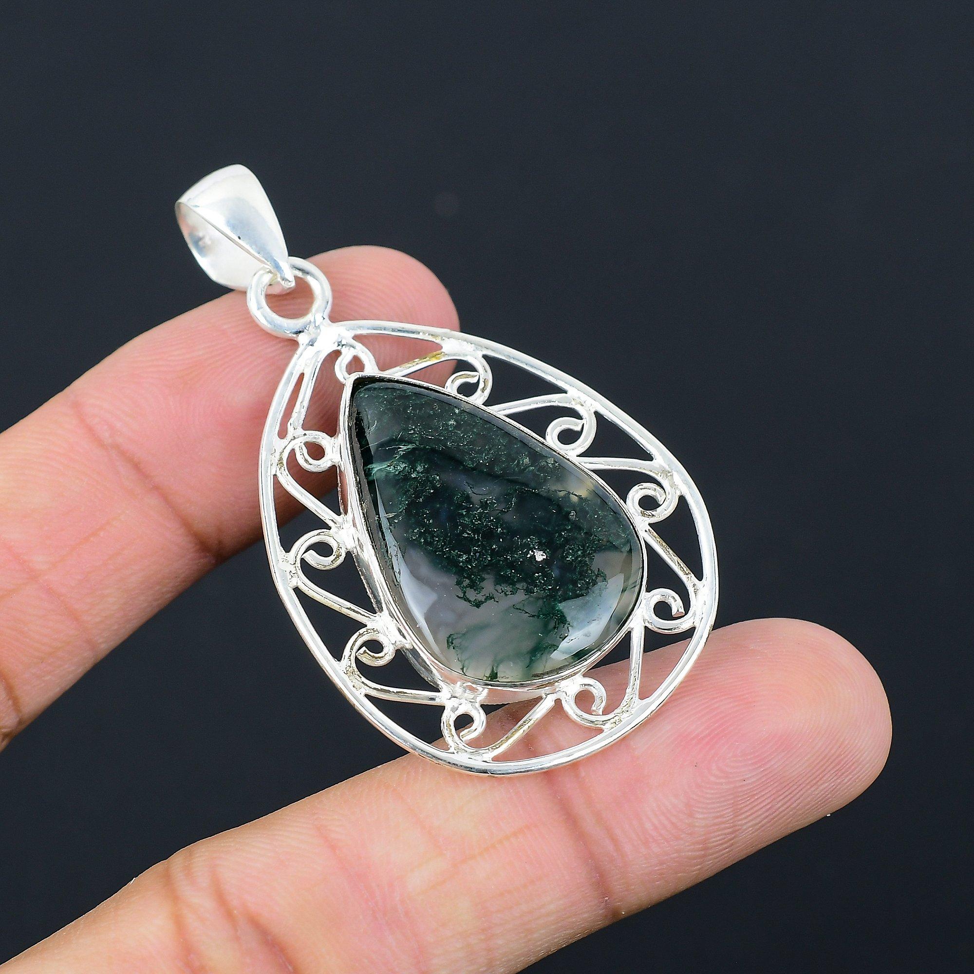 Mothers day Deal Solar Moss Agate Stone Trendy Pendant Jewelry Sterling Silver